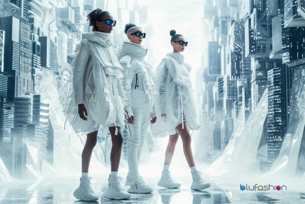 Models in futuristic white layered outfits with geometric patterns at a high-fashion show.