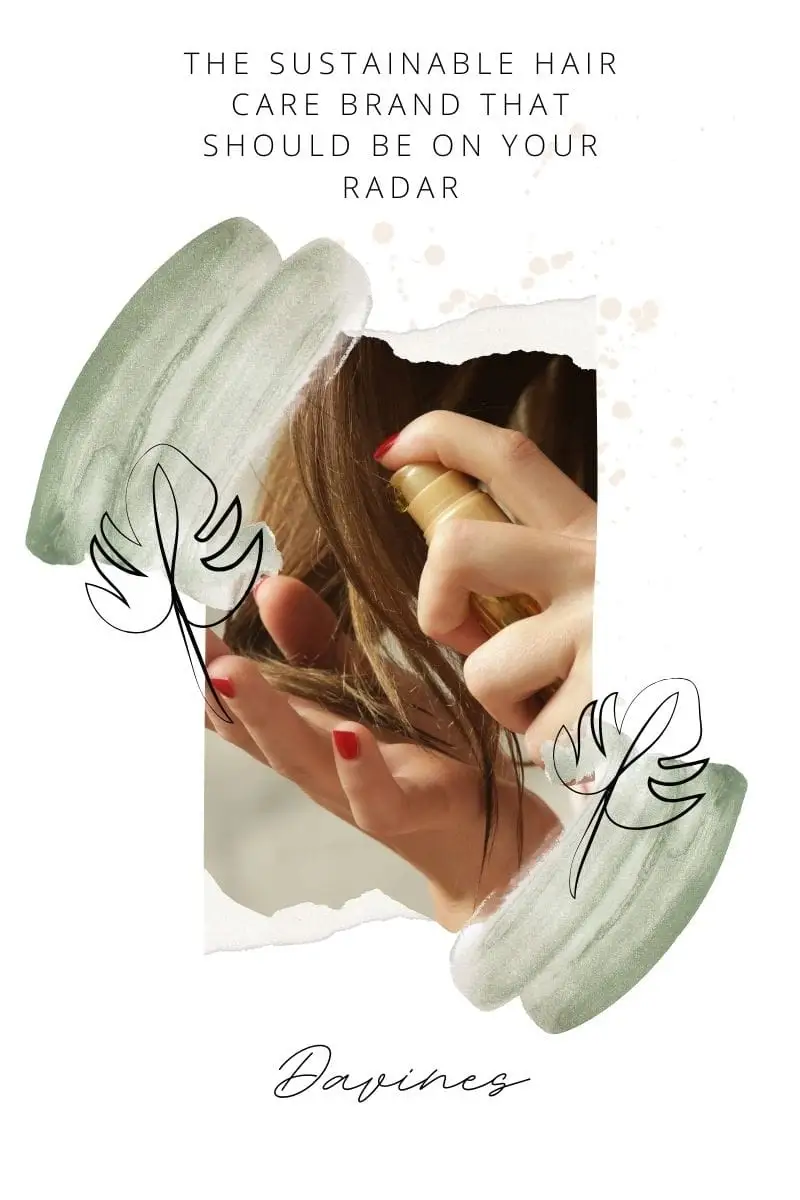 Close-up of woman applying hair product to hair with text overlay about Davines brand.
