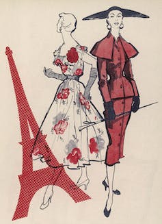 An illustration of two Dior designs, one a dress, one a suit from 1954.
