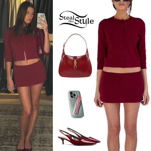 Hailey Baldwin: Red Cardigan and Mini Skirt