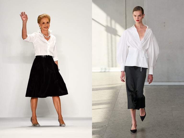 Carolina Herrera in her signature white button down; Wes Gordon's take on the style in the Spring/Summer 2024 collection.
