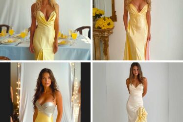 Variations of the iconic yellow dress inspired by 'How to Lose a Guy in 10 Days', featuring elegant draping, romantic ruffles, and luxurious satin fabric, perfect for a statement evening look.