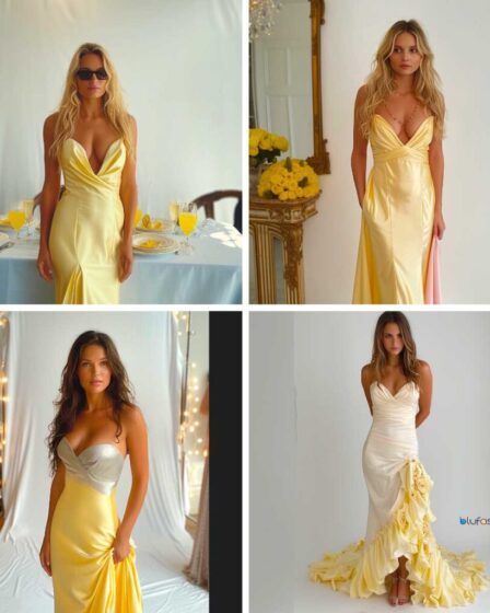 Variations of the iconic yellow dress inspired by 'How to Lose a Guy in 10 Days', featuring elegant draping, romantic ruffles, and luxurious satin fabric, perfect for a statement evening look.