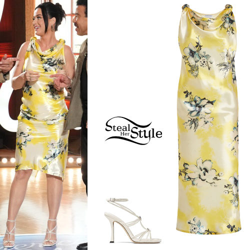 Katy Perry: Yellow Floral Dress, White Sandals