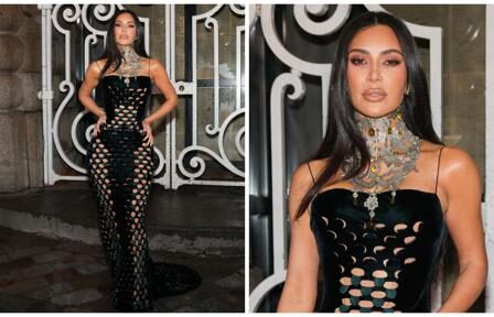 Kim Kardashian arrives at Paris Fashion Week in cut-out dress