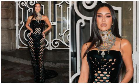 Kim Kardashian arrives at Paris Fashion Week in cut-out dress