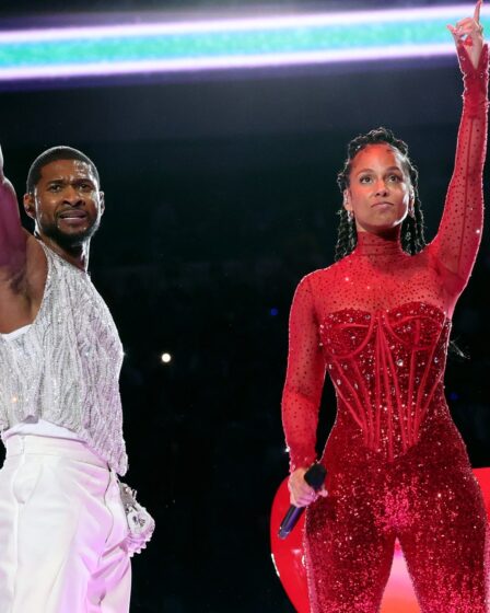 LAS VEGAS NEVADA  FEBRUARY 11  Usher and Alicia Keys perform onstage during the Apple Music Super Bowl LVIII Halftime...