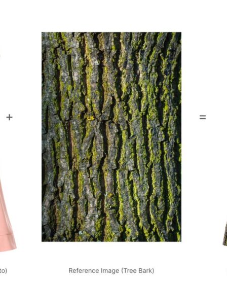 A flowchart shows a pink dress and a close up shot of tree bark combining into a dress with the tree bark overlaid like a print.