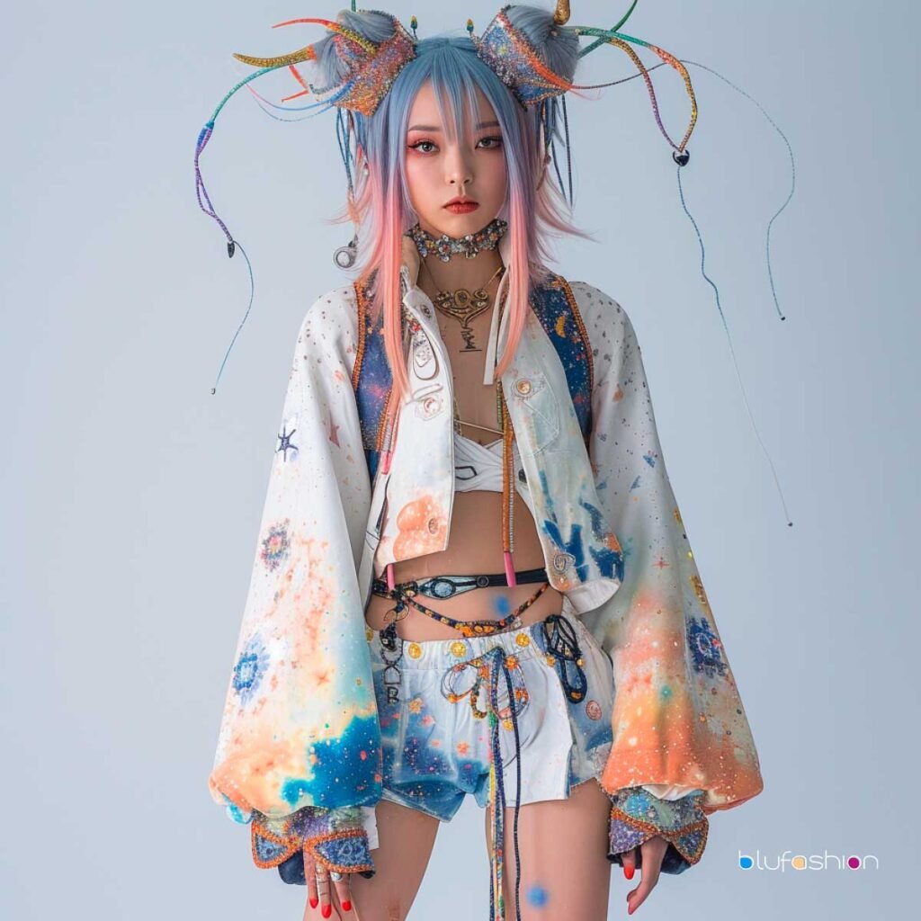 Person showcasing uchuu-kei style with pastel blue hair, galaxy-themed clothing, and whimsical accessories including horned headpiece.