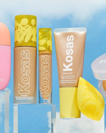 A selection of Kosas products including its sunscreen, foundation, concealer, skin enhancer and powder.