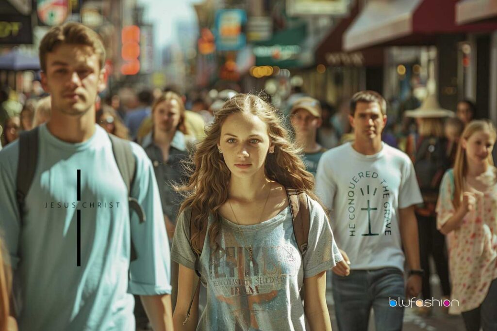 Group of young adults in a bustling urban setting sporting trendy Christian-themed t-shirts with inspirational messages and cross symbols.