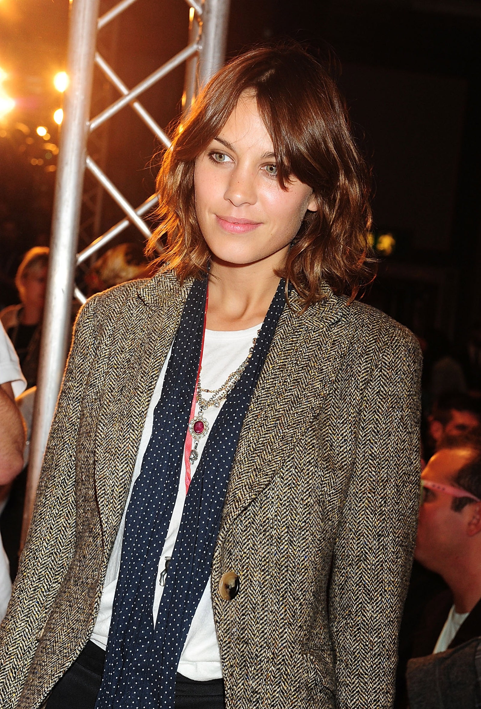 Image may contain Alexa Chung Blazer Clothing Coat Jacket Accessories Formal Wear Tie Adult Person Face and Head