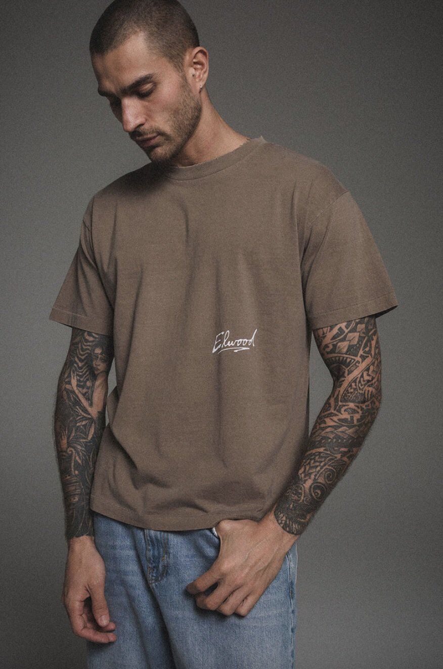 Elwood branded tshirt on model