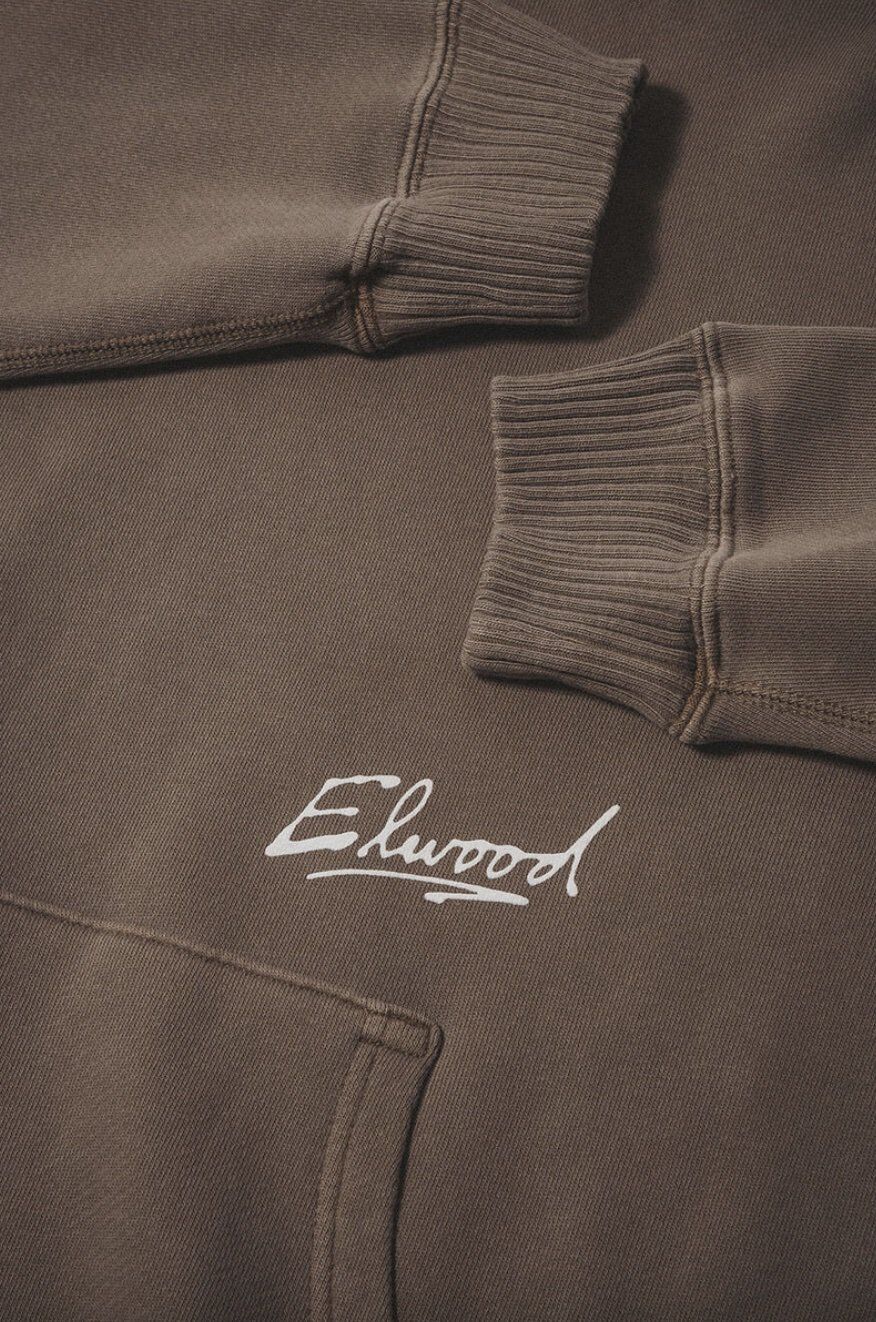 Close up of Elwood branded hoodie