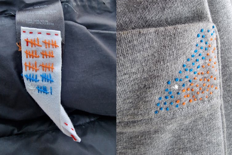 Grey fabric with tiny blue and orange stitches sewn into the material