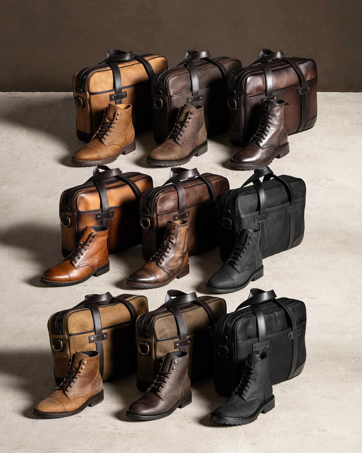 a collection of leather messenger bags paired with boots