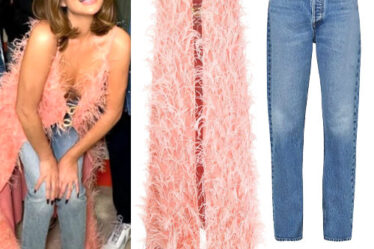 Chrissy Teigen: Pink Feather Top, Blue Jeans