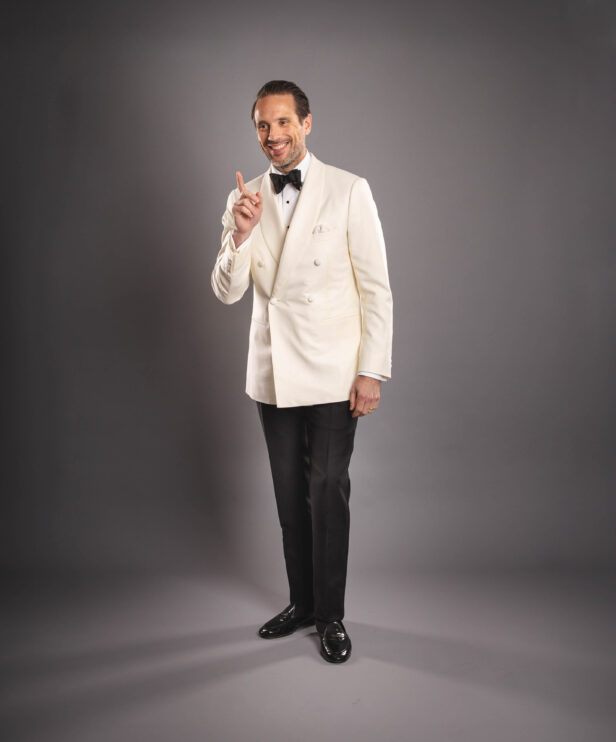 Double-breasted ivory dinner jacket with shawl lapel