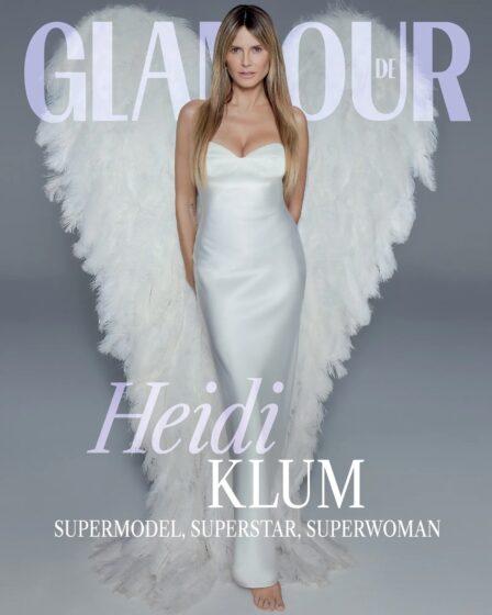 Image may contain Heidi Klum Angel Adult Person Clothing Dress Formal Wear Publication Fashion Gown and Wedding