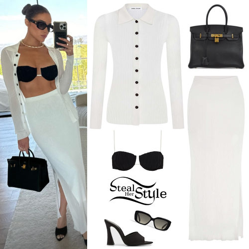 Olivia Culpo: White Cardigan and Skirt