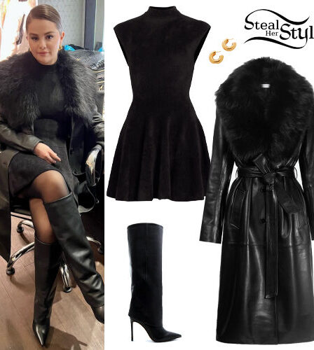 Selena Gomez: Black Leather Coat, Knit Dress