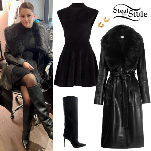 Selena Gomez: Black Leather Coat, Knit Dress