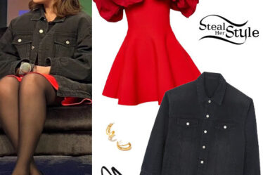 Selena Gomez: Red Mini Dress, Black Denim Jacket