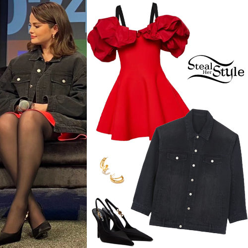 Selena Gomez: Red Mini Dress, Black Denim Jacket
