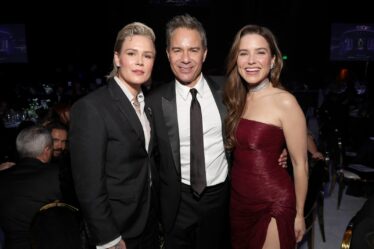 Image may contain Eric McCormack Sophia Bush Ashlyn Harris Fashion Accessories Formal Wear Tie Blazer and Clothing