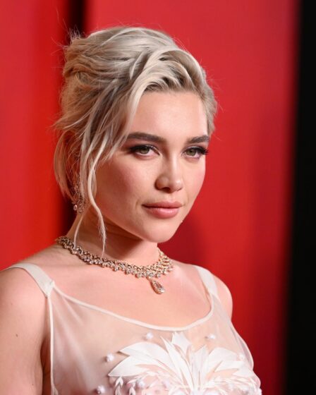 Image may contain: Florence Pugh, Blonde, Hair, Person, Accessories, Jewelry, Necklace, Adult, Wedding, Clothing, and Dress