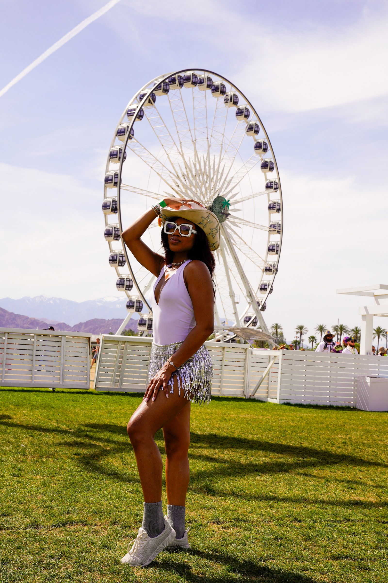 INDIO CALIFORNIA  APRIL 22 A guest poses during weekend 2 of the 2023 Coachella Valley Music And Arts Festival on April...