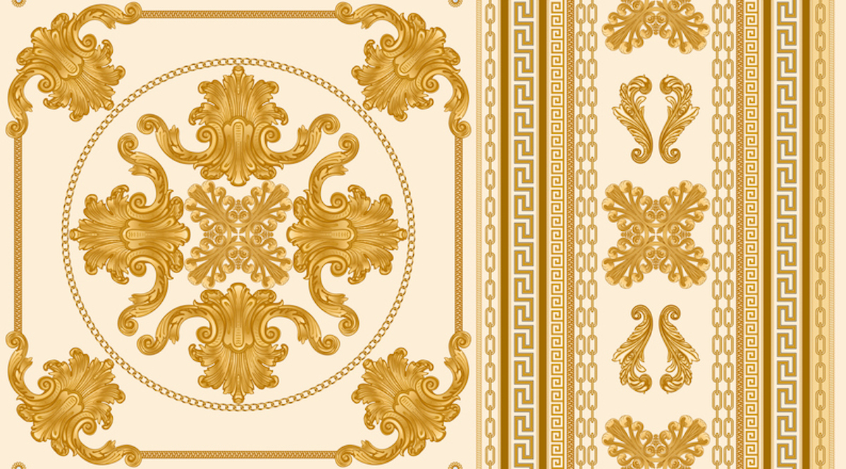Seamless border pattern print on a beige background, Gold chains and cables, Greek Meander frieze, Baroque scrolls and pearl shell. Scarf, neckerchief, kerchief, carpet, rug, mat frieze