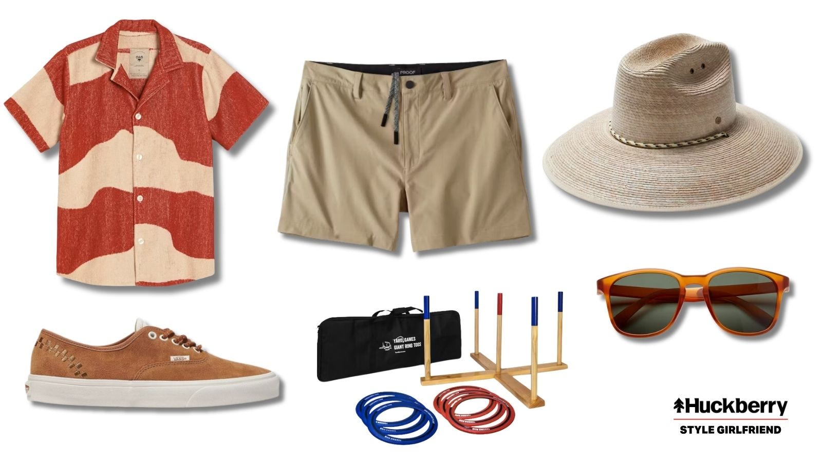 collage image of men's summer outfit including a red and tan short sleeve button down shirt, tan shorts, a wide-brimmed hat, vans sneakers, and sunglasses