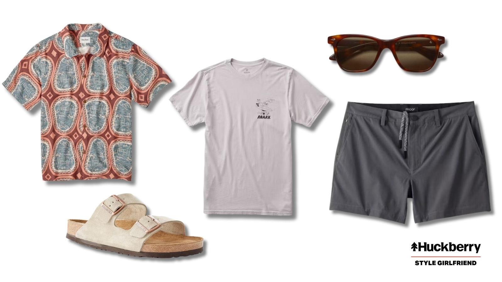 collage image of a men's warm weather casual outfit featuring a patterned short-sleeve button down shirt, t-shirt, grey shorts, sandals and sunglasses