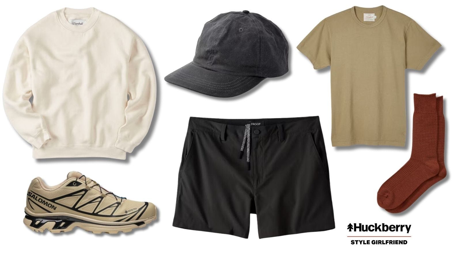 men's shorts outfit featuring a tan t-shirt, cream-colored crewneck sweatshirt, dark baseball cap, lace-up shoes and copper-colored socks