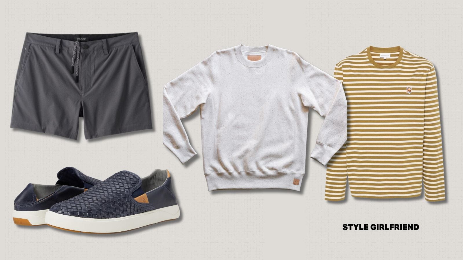 casual men's outfit featuring grey drawstring shorts, leather slip-on loafers, a grey crewneck sweatshirt, and yellow striped long-sleeve shirt