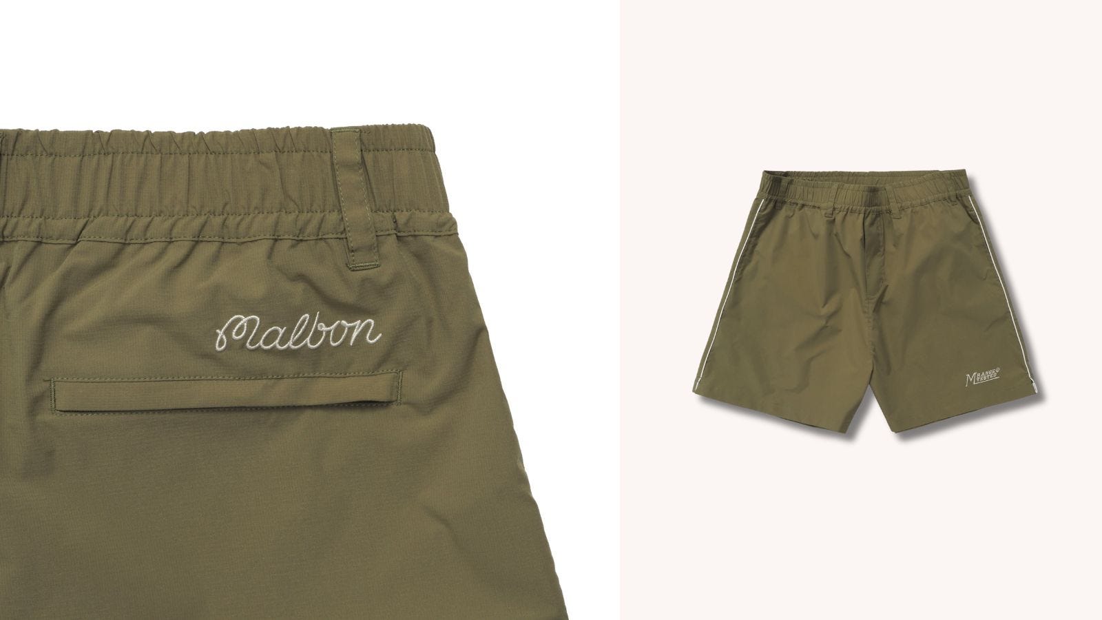 two images side by side: on the left, a close-up of the back of a pair of olive-colored performance shorts with "malbon" embroidered by the waist, and on the right, a view of the shorts from the front