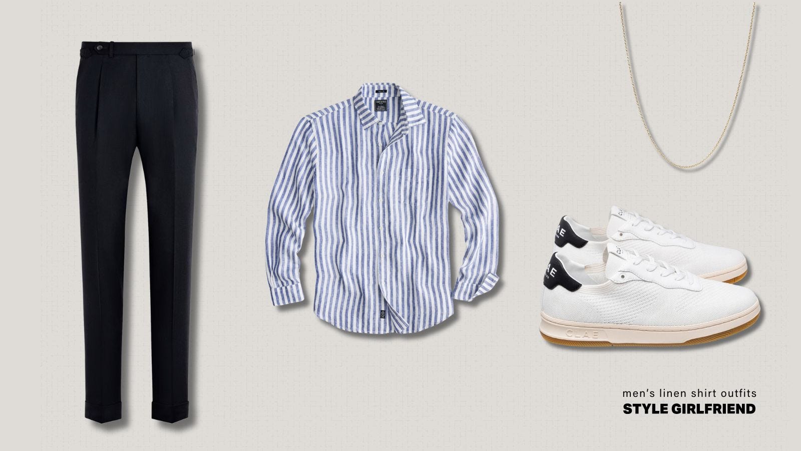 dressy casual men's outfit with linen shirt and tab pants with white sneakers
