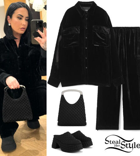 Demi Lovato: Black Velvet Shirt and Pants