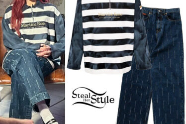 Dua Lipa: Striped Sweatshirt, Blue Jeans