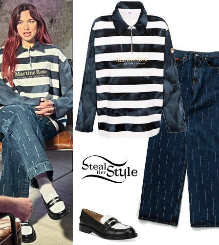Dua Lipa: Striped Sweatshirt, Blue Jeans