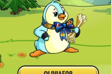 cartoon drawing of penguin with a bow around its neck and a button under it saying ‘olivia508’