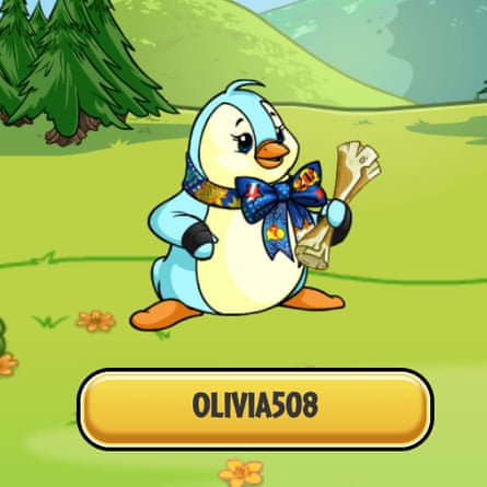 cartoon drawing of penguin with a bow around its neck and a button under it saying ‘olivia508’