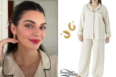 Kendall Jenner: Satin Pajamas, Gold Earrings