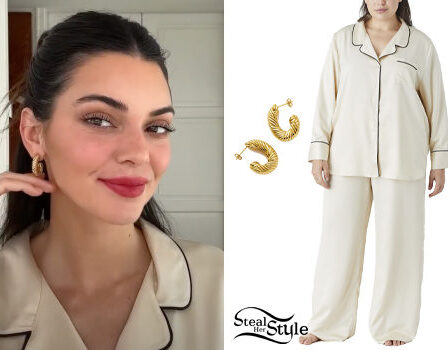 Kendall Jenner: Satin Pajamas, Gold Earrings