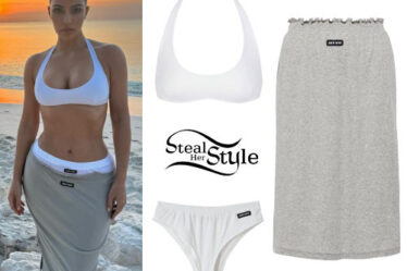 Kim Kardashian: White Bra, Grey Midi Skirt