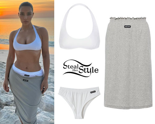 Kim Kardashian: White Bra, Grey Midi Skirt