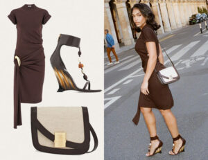 Lori Harvey's Ferragamo Dress, Fiamma Crossbody Bag & Wedge Sandals