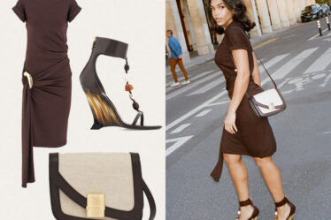 Lori Harvey's Ferragamo Dress, Fiamma Crossbody Bag & Wedge Sandals