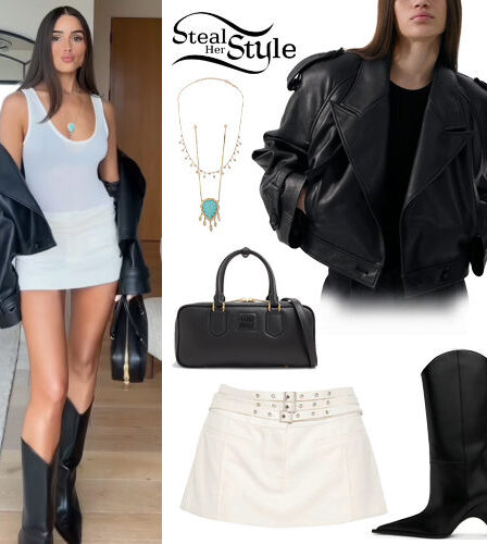 Olivia Culpo: Leather Jacket, White Skirt